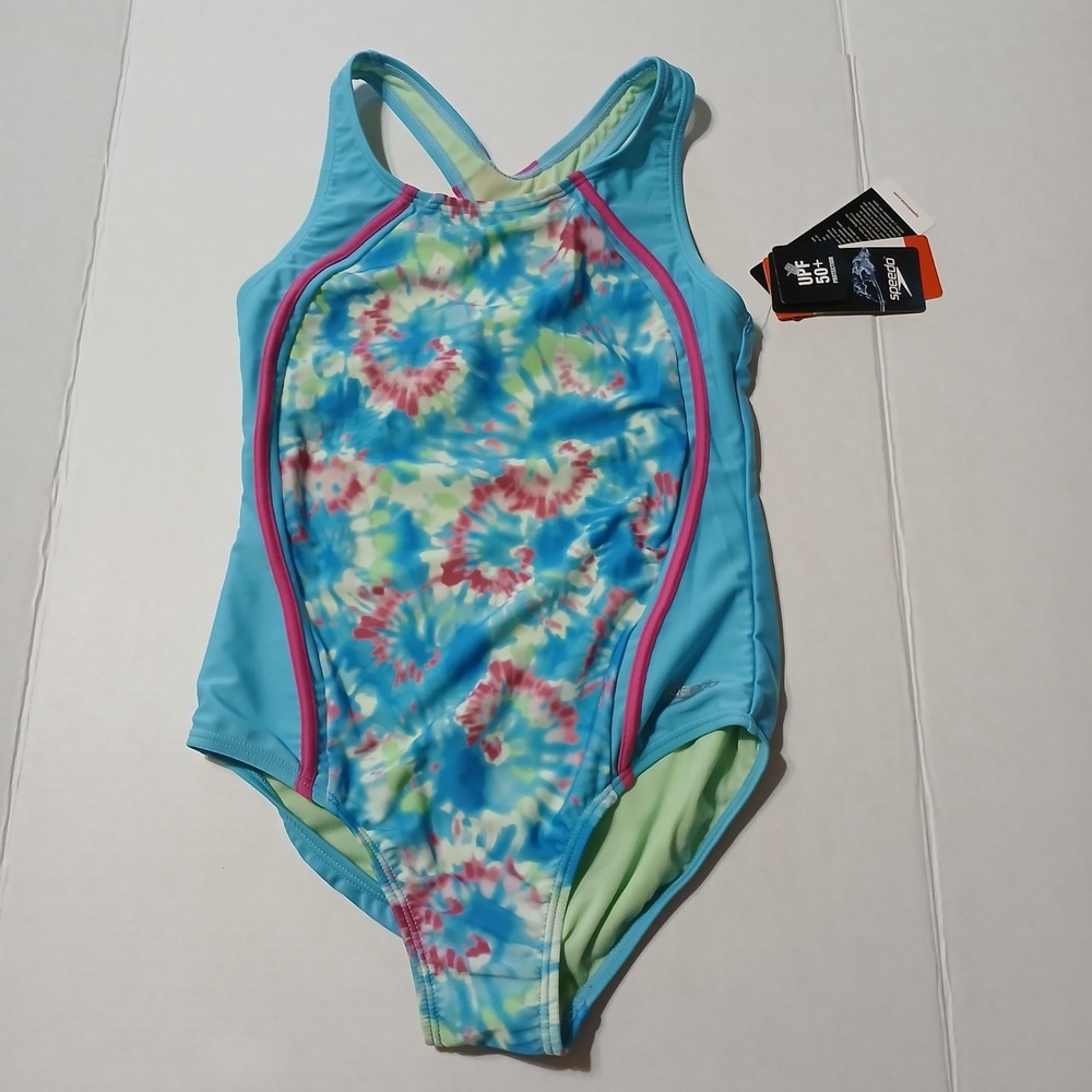 Speedo Girls Sport Splice One Piece Swimsuit Size 14 Blue Pink Tie Dye UPF 50+
